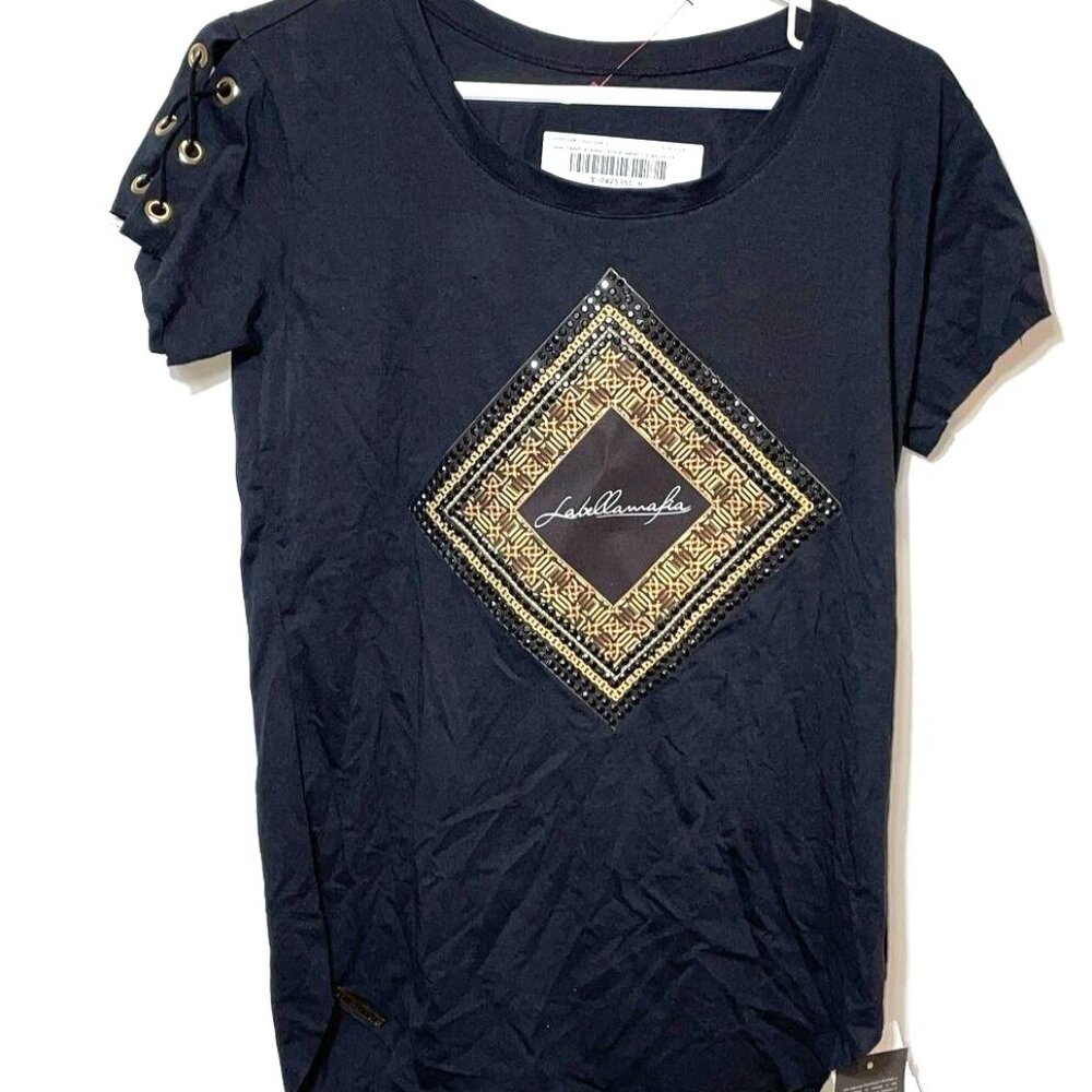 Labellamafia Womens Black Short Sleeve Embellished Blouse Top Size M With Tags